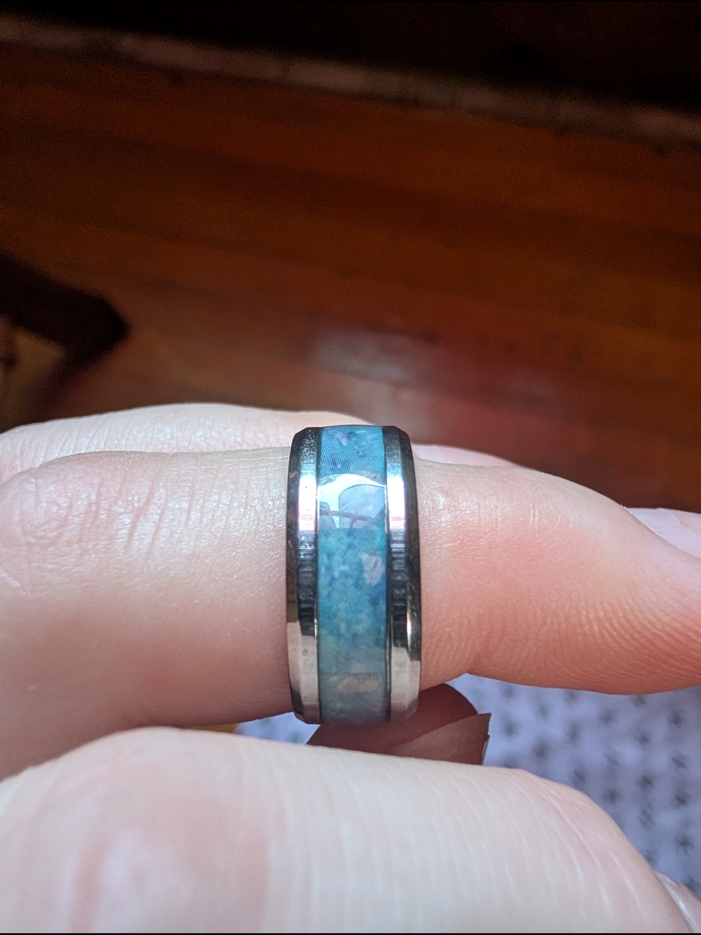 Silver Band Ring with Iridescent Blue Crushed Fire Opal Inlay | Unisex Band